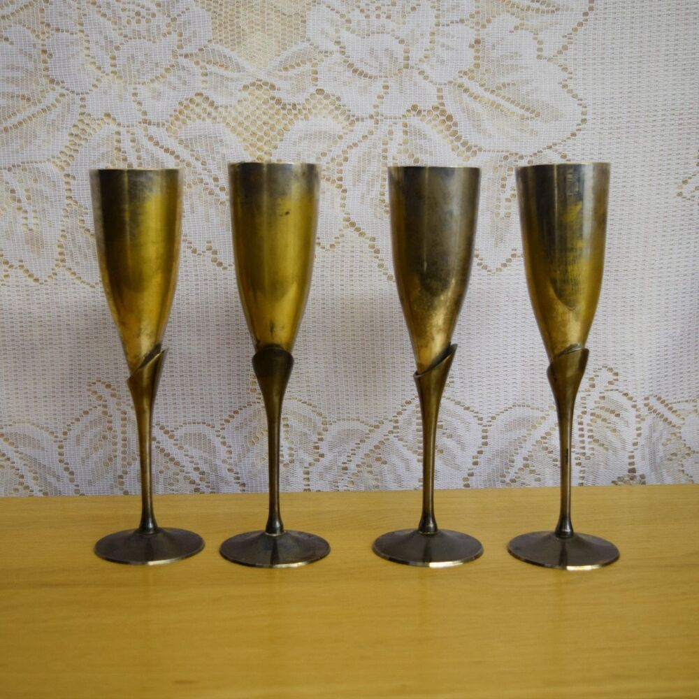 Landes Brass & Silver Plate Champagne Flutes Set of 4 India Patina Regency D&D